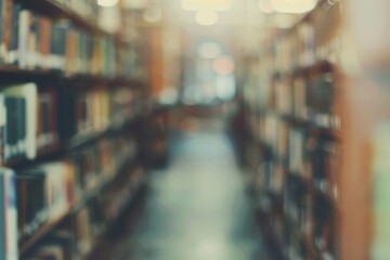 Obraz premium Blurred abstract library background with shelves, warm academic ambiance.