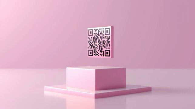 A minimalist design featuring a floating QR code on a pink pedestal, perfect for modern branding and digital marketing.