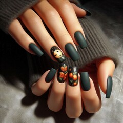 autumn manicures dark green nails with dogwood decoration