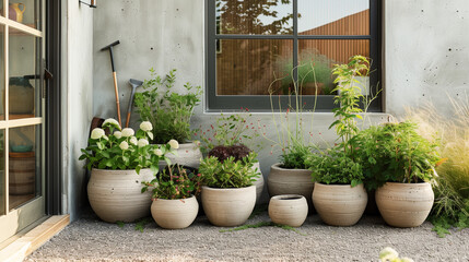 Fototapeta premium A serene garden scene featuring various potted plants in textured ceramic pots, showcasing mix of greenery and flowers. arrangement adds touch of nature to modern architecture.
