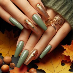 autumn manicures green nails with gold decoration