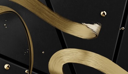 Abstract golden ribbon on black background with light and sparkle effect with space for copy text. Luxury design style. 3D rendering.