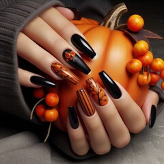 stylish black nails with orange autumn manicures decoration