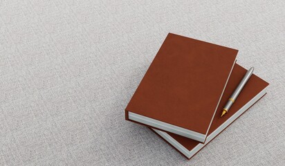 Blank notebook with pen, Live view of blank notebook and ballpoint pen with background. Book cover sample, Workspace on desk, Top view of realistic notebook. 3D render.