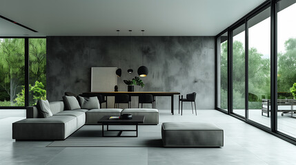 Modern living room with minimalist design featuring gray sectional sofa, coffee table, and large windows showcasing greenery outside. space exudes tranquility and sophistication.