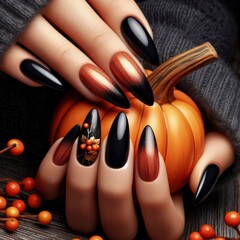 black nails with orange gradient autumn manicures decoration