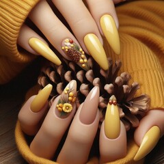 yellow nails with cones autumn manicures decoration