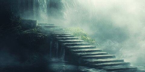 Stone Steps Leading Up to a Waterfall in a Misty Forest