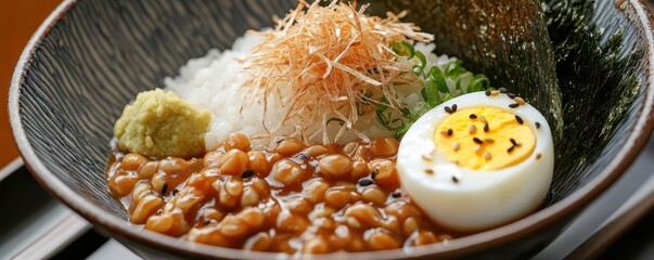 Natto and rice bowl with a touch of grated daikon and wasabi, garnished with shredded nori and a soft-boiled egg, closeup, traditional Japanese cuisine