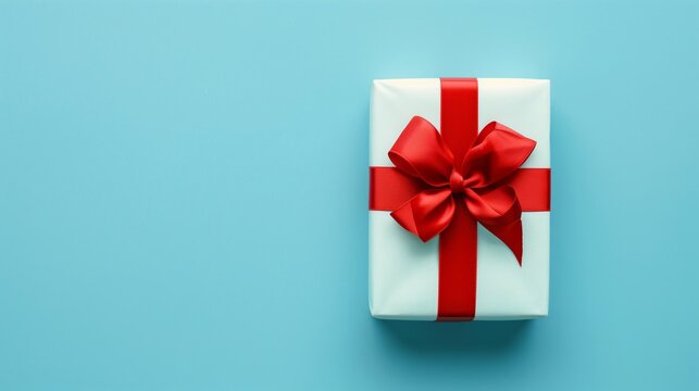 Gift box with red ribbon and bow on a light blue background, minimalistic and festive concept