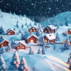 A serene winter scene featuring cozy cabins surrounded by snow-covered trees under a starry night sky.