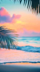 Papier peint photo Tropical beach at sunrise with palm leaves, serene ocean view. Relaxation and tranquility concept