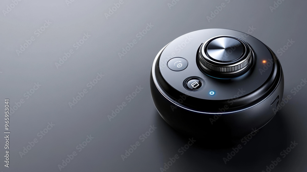 Poster close-up of a sleek black wireless control knob with modern design, featuring buttons and dials, pla