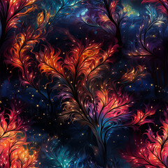 Fantasy floral pattern with glowing petals, iridescent colors, and whimsical swirling vines, inspired by mystical landscapes 