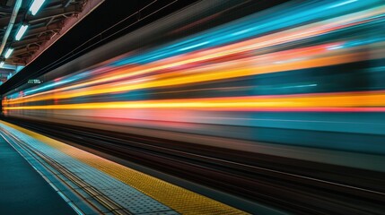 A fast-moving train captured in motion, with the train cars blurred as they speed past, leaving a streak of color behind.