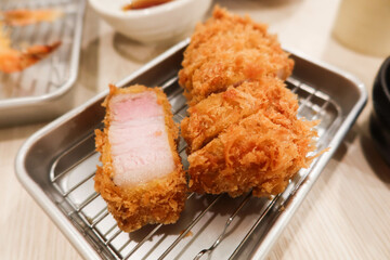 close up of Japanese deep fried tempura pork cutlet Tonkatsu 