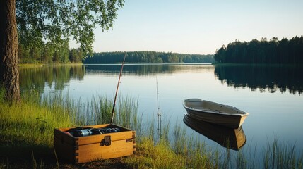 Naklejka premium A fishing rod and tackle box placed by the edge of a serene lake, with a fishing boat in the distance.