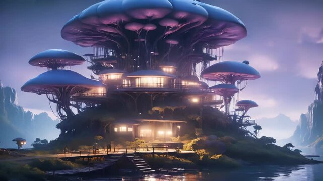 Fantasy Mushroom House in a Magical Forest at Night