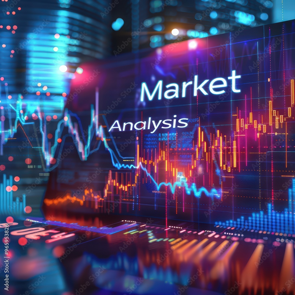 Poster A vibrant digital display showcasing market analysis with dynamic graphs and data points in a futuristic trading environment.