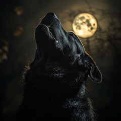 A black dog howling at a full moon in a dark, atmospheric setting.