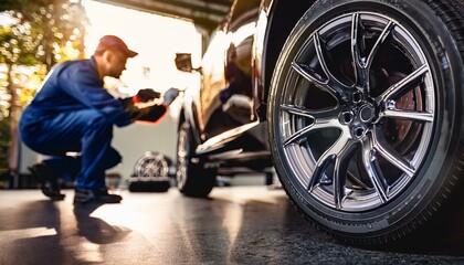 Close-up of a car's tire and wheel, with a mechanic inspecting the vehicle in the background.
