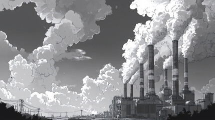 Obraz premium Black and white drawing of an industrial factory releasing smoke.