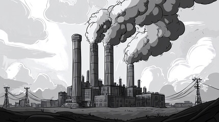 Black and white drawing of an industrial factory releasing smoke.
