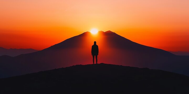 A sunset fading behind a mountain, a person standing in the shadows, goodbye, unseen farewell