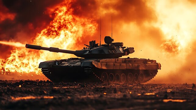 A tank firing a shell with a large fire behind it, with smoke and debris in the air.