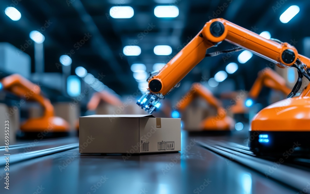 Poster a warehouse with automated sorting and packaging robots handling e-commerce shipments