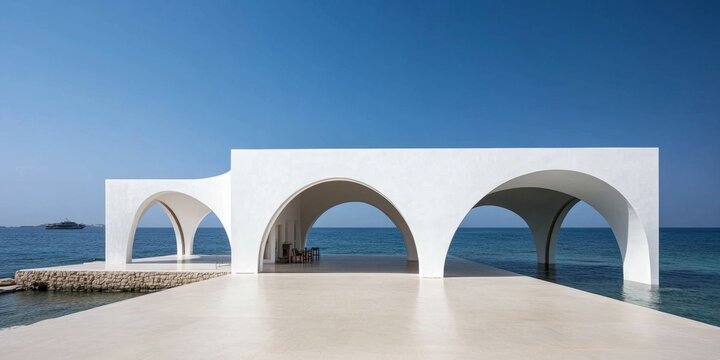 A white modern building with arches on the side overlooking the sea，Elegant Modern White Architecture with Arched Facade Overlooking Serene Ocean and Blue Sky. Symmetrical Curved Design Harmonizing wi