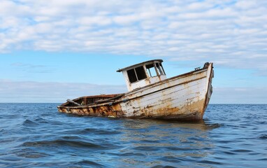 An abandoned fishing boat, slowly sinking into the sea, neglect, forgotten dreams