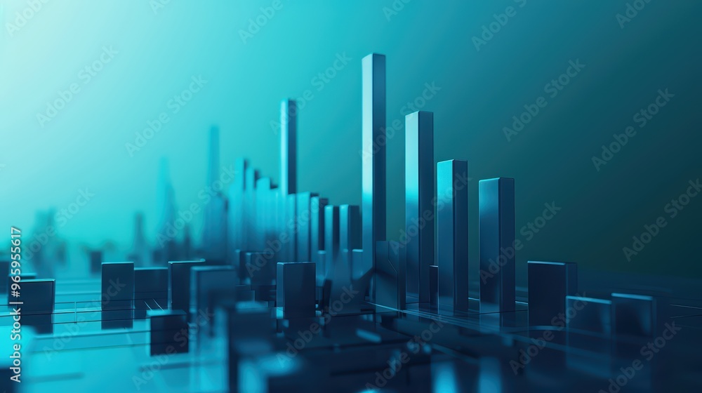 Poster abstract representation of data visualization with metallic bars, showcasing growth in a futuristic 
