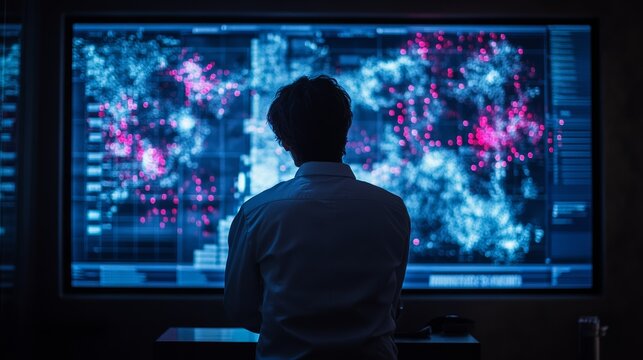 Back view of a man analyzing data of a viral outbreak on a large digital screen. Focus on epidemic research and viral transmission mapping