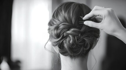 Fototapeta premium A hairdresser working on a clients updo, intricately pinning and twisting the hair for a special occasion.