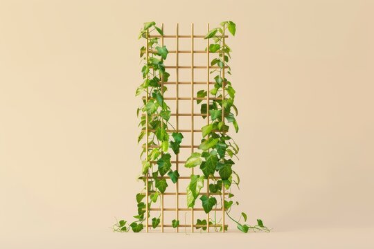 An elegant wooden trellis adorned with vibrant green vines, perfect for enhancing any interior or garden space.