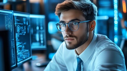 Focused young professional in a modern workspace, analyzing data on multiple computer screens, with a blue tech ambiance.