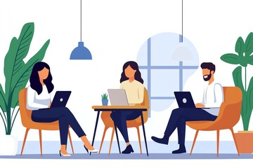 Group of diverse individuals working collaboratively in a modern office space with laptops and plants.