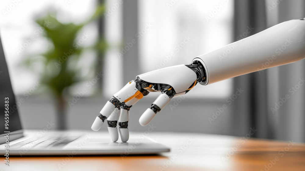 Poster a futuristic robotic hand reaching out to type on a laptop keyboard, symbolizing artificial intellig
