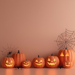 Festive Halloween pumpkins with glowing faces, surrounded by spider webs and spiders, perfect for holiday decor.