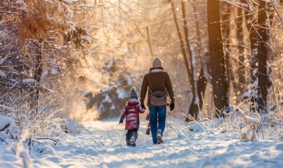 Naklejka premium Taken from behindFaceless family walking hike through