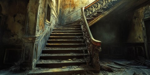 A  Stairway in an Abandoned and Damaged Building