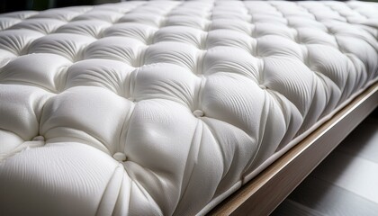 Obraz premium Close-up of a white mattress with tufted design, showcasing luxurious comfort and quality.