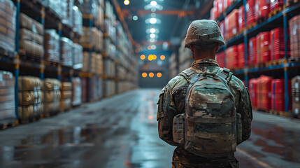 A soldier stands in a large military warehouse filled with supplies, overseeing logistics and inventory management in a secure facility