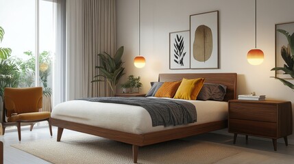 A mid-century modern bedroom with sleek wooden furniture, retro lighting fixtures, and colorful accent pillows on a neutral bedspread.