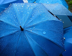 Close-up of blue umbrellas, raindrops.