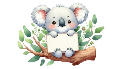 A cute cartoon koala sits on a branch with eucalyptus leaves, holding a blank sign. It symbolizes cuteness, nature, Australia, animals, and messages.