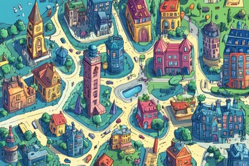 Fototapeta premium 2D cartoon illustration of an urban city map