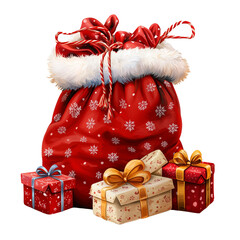 Illustration of Santa Claus bag with gifts isolated on transparent background.