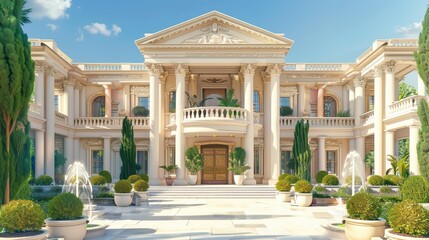 Elegant mansion with grand architecture, lush greenery, and beautiful fountain, showcasing luxury and sophistication.